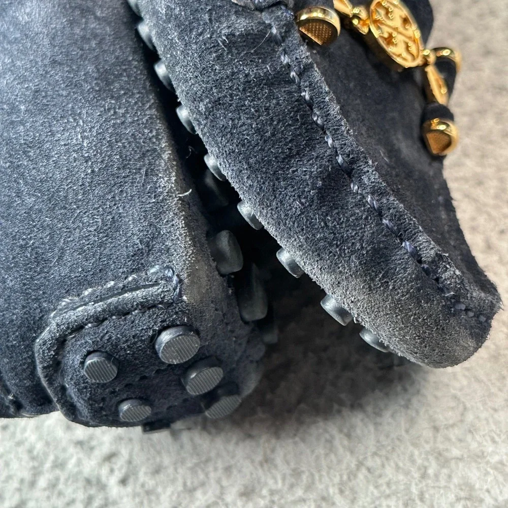 Tory Burch Driving Loafers Women's 7M Navy Suede Gold Logo Moccasin Flats